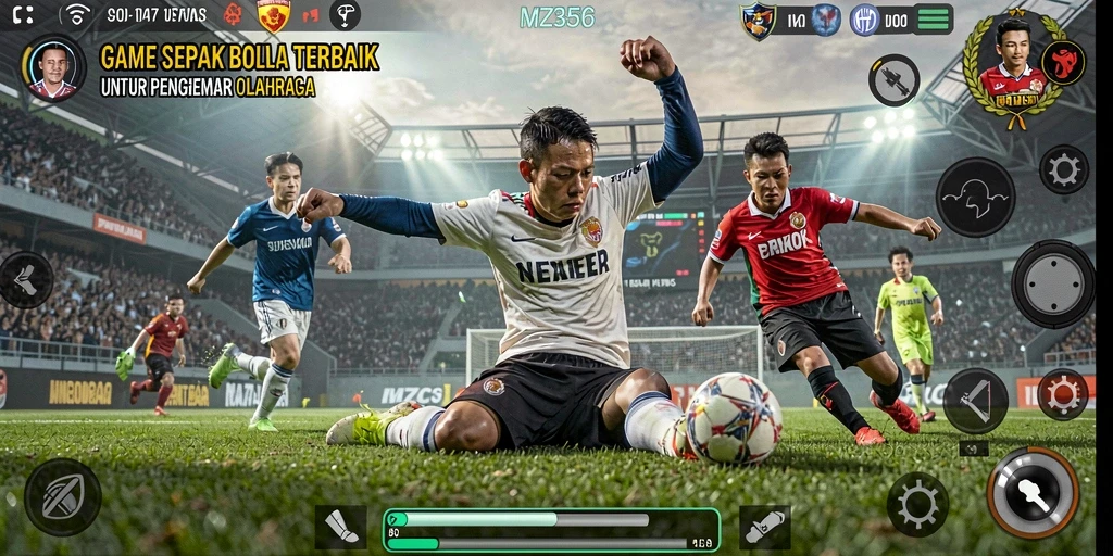 Screenshot gameplay MZ356 menunjukkan aksi seru pertandingan sepak bola.