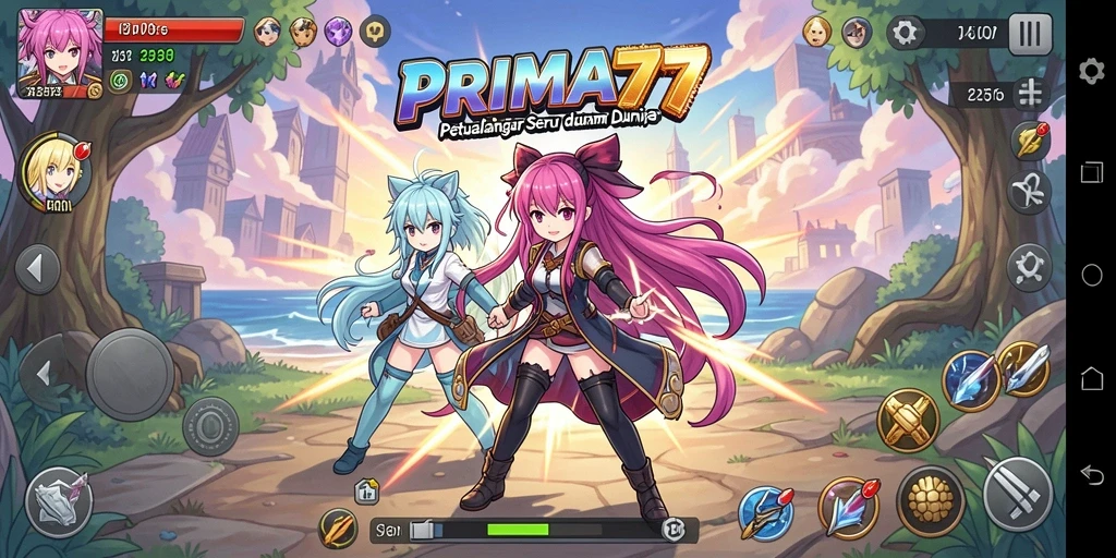 Tampilan gameplay <strong>PRIMA77</strong> dengan karakter anime yang menawan.