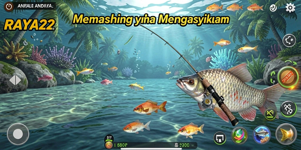 Tampilan gameplay RAYA22 yang menampilkan momen seru memancing.