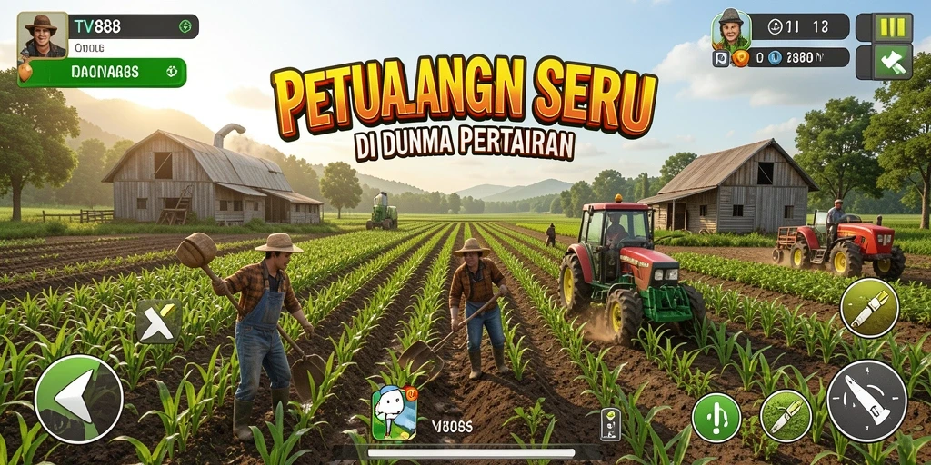 Tangkapan layar gameplay TV888 dengan suasana pertanian yang asri dan aktif.